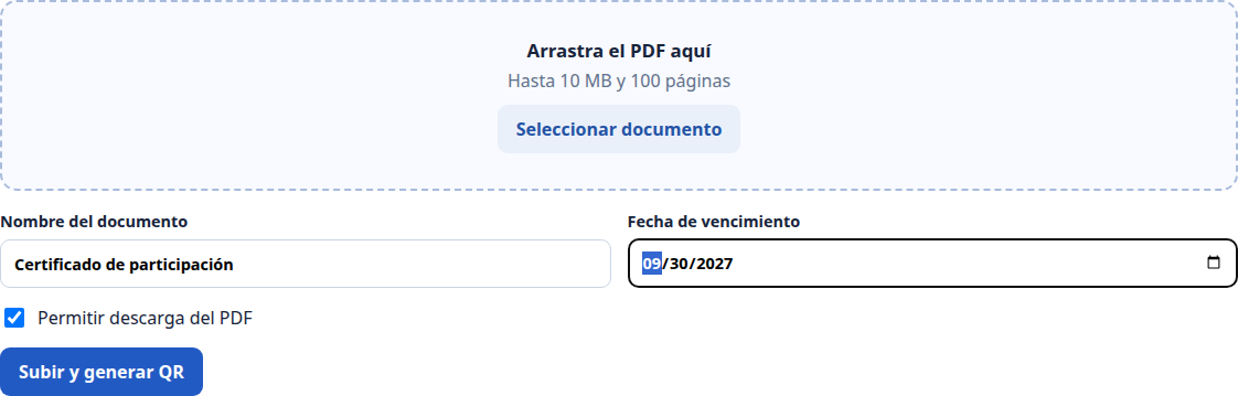 Formulario de carga de PDF y configuración de vencimiento