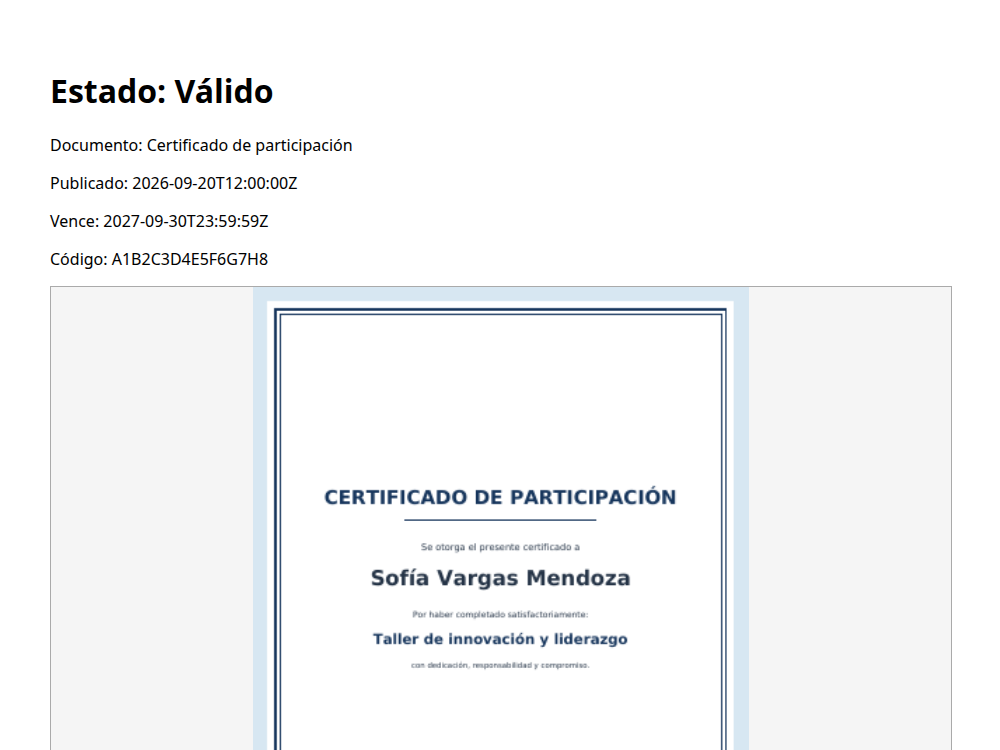 Página pública de validación de un documento